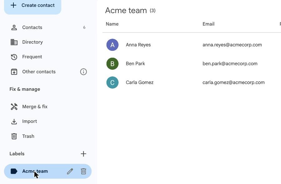 The "Acme team" label open in Google Contacts, listing its three members and their email addresses, with edit and delete icons next to the label name.