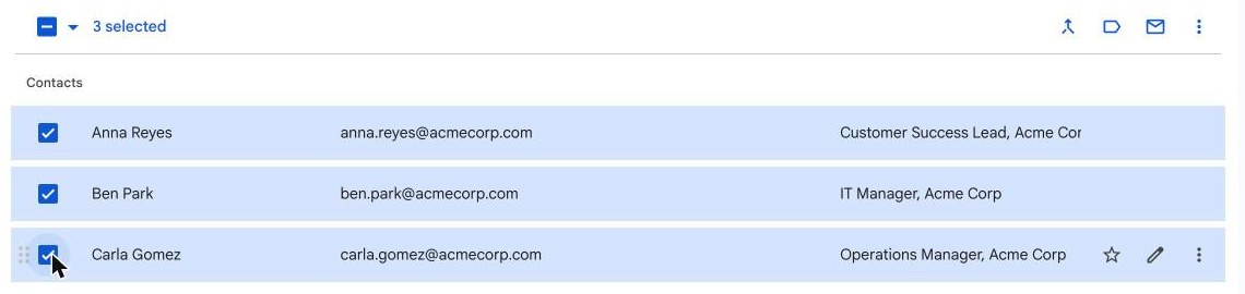Google Contacts with three contacts ticked and "3 selected" shown above the list.