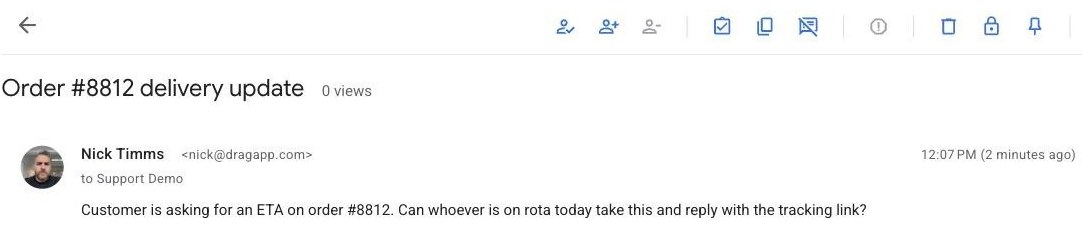 A conversation in a Google Groups Collaborative Inbox, "Order #8812 delivery update", with the conversation toolbar (take, assign and mark complete) above it.