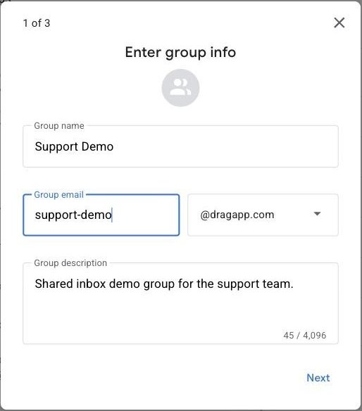 Step 1 of 3 in Google Groups, "Enter group info": the group name Support Demo, the group email support-demo with the @dragapp.com domain chosen, and a short description.