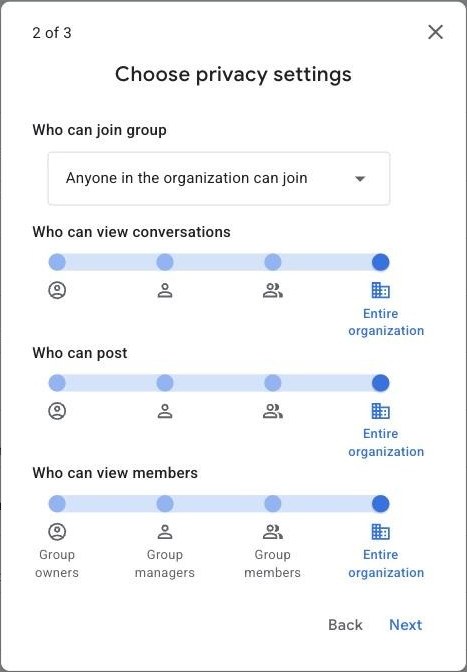 Step 2 of 3 in Google Groups, "Choose privacy settings": a "Who can join group" menu and sliders for who can view conversations, who can post and who can view members, each running from group owners to the entire organization.