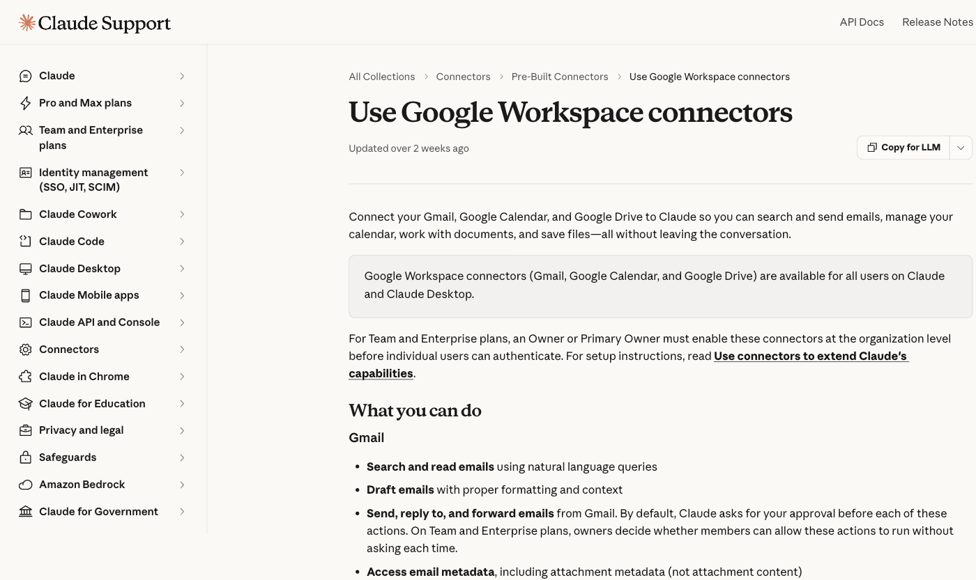 Anthropic's own documentation for the Gmail connector: search, read, draft, and send, with Claude asking for approval before each outgoing email