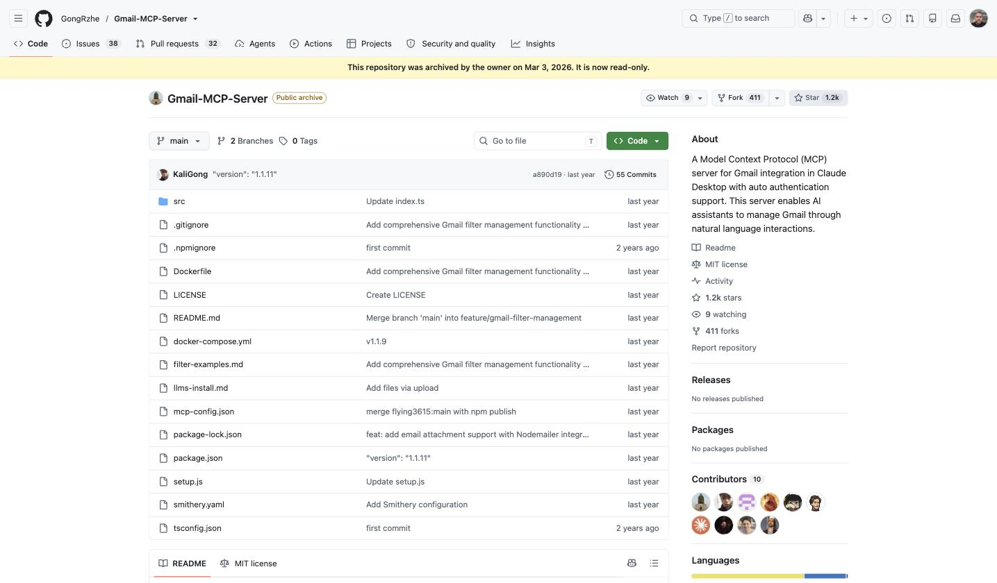 GongRzhe's Gmail-MCP-Server on GitHub: 1.2k stars, and the banner showing the repository was archived in March 2026