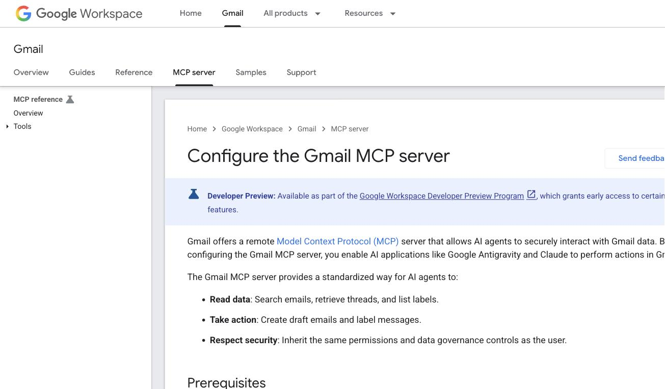 Google's official Gmail MCP server documentation, showing the developer-preview banner and the read, draft, and label capabilities