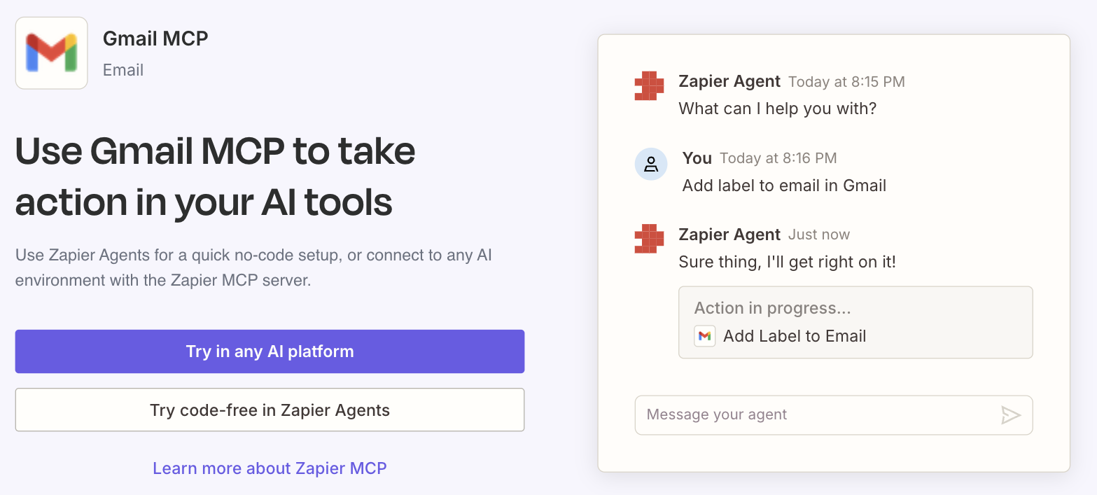 Zapier's Gmail MCP: an agent adding a label to a Gmail message through the aggregator's connection