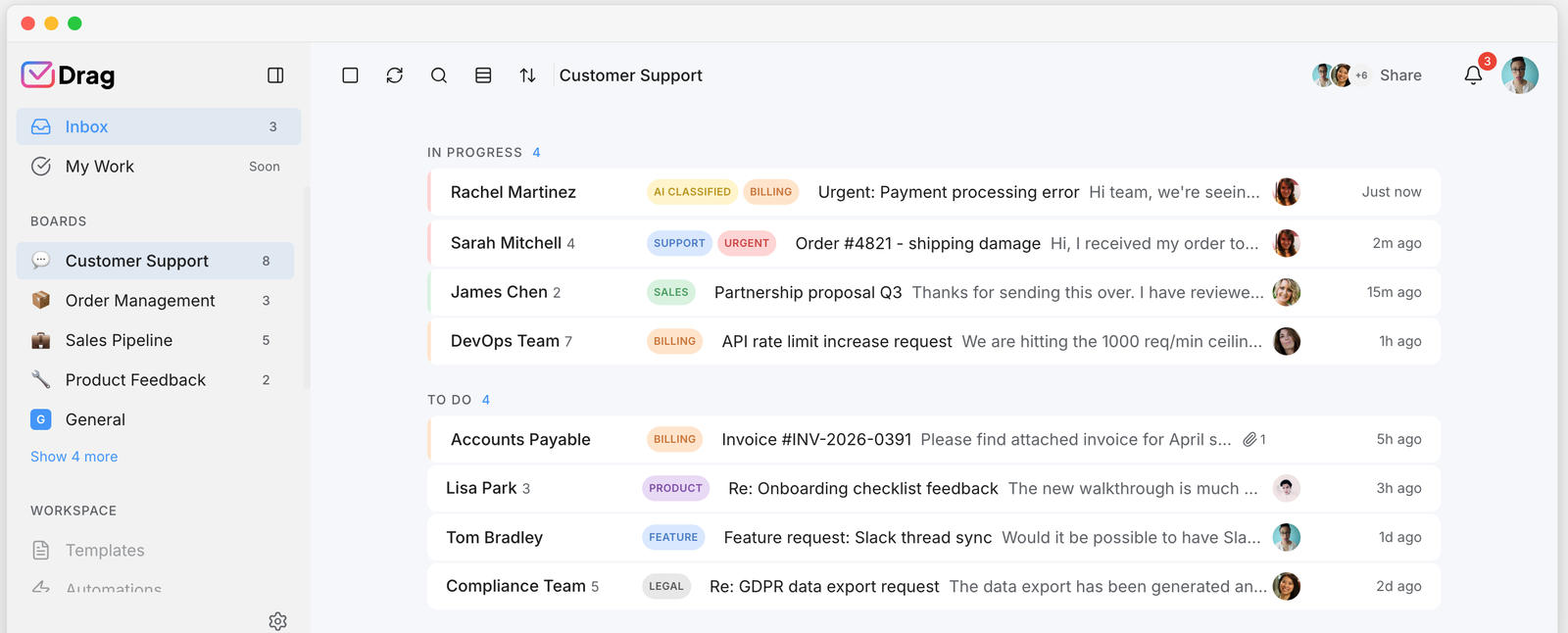 Drag automation applying labels and assignments to incoming threads