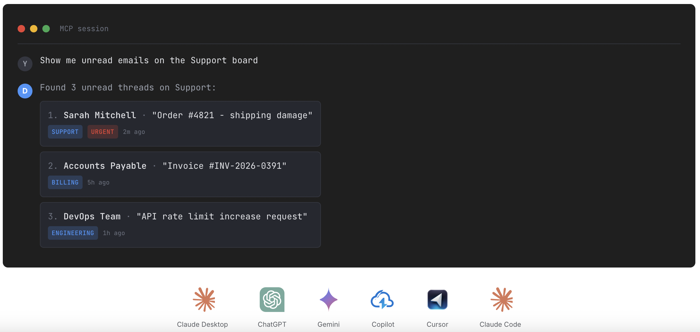 Claude running a Drag MCP triage command showing unread Support threads