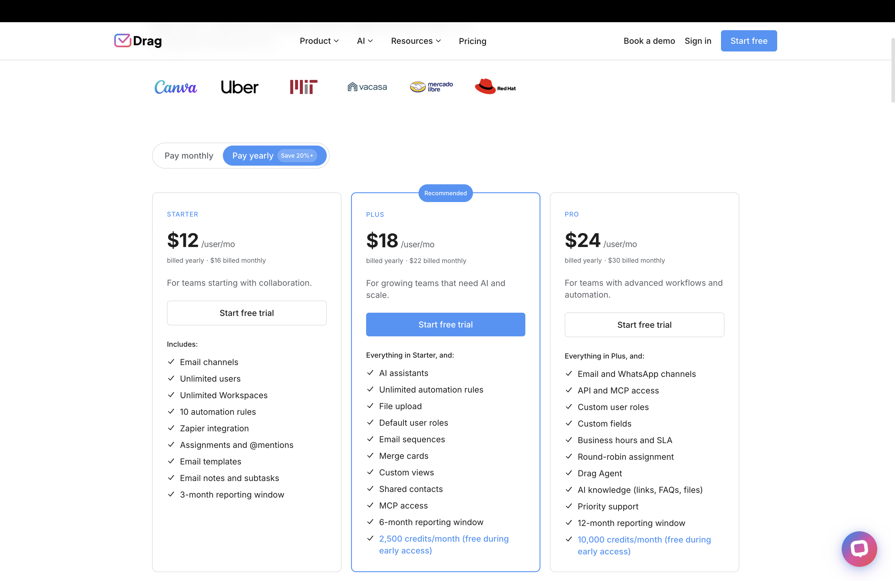 Drag pricing page showing Starter at $12, Plus at $18, and Pro at $24 per user per month