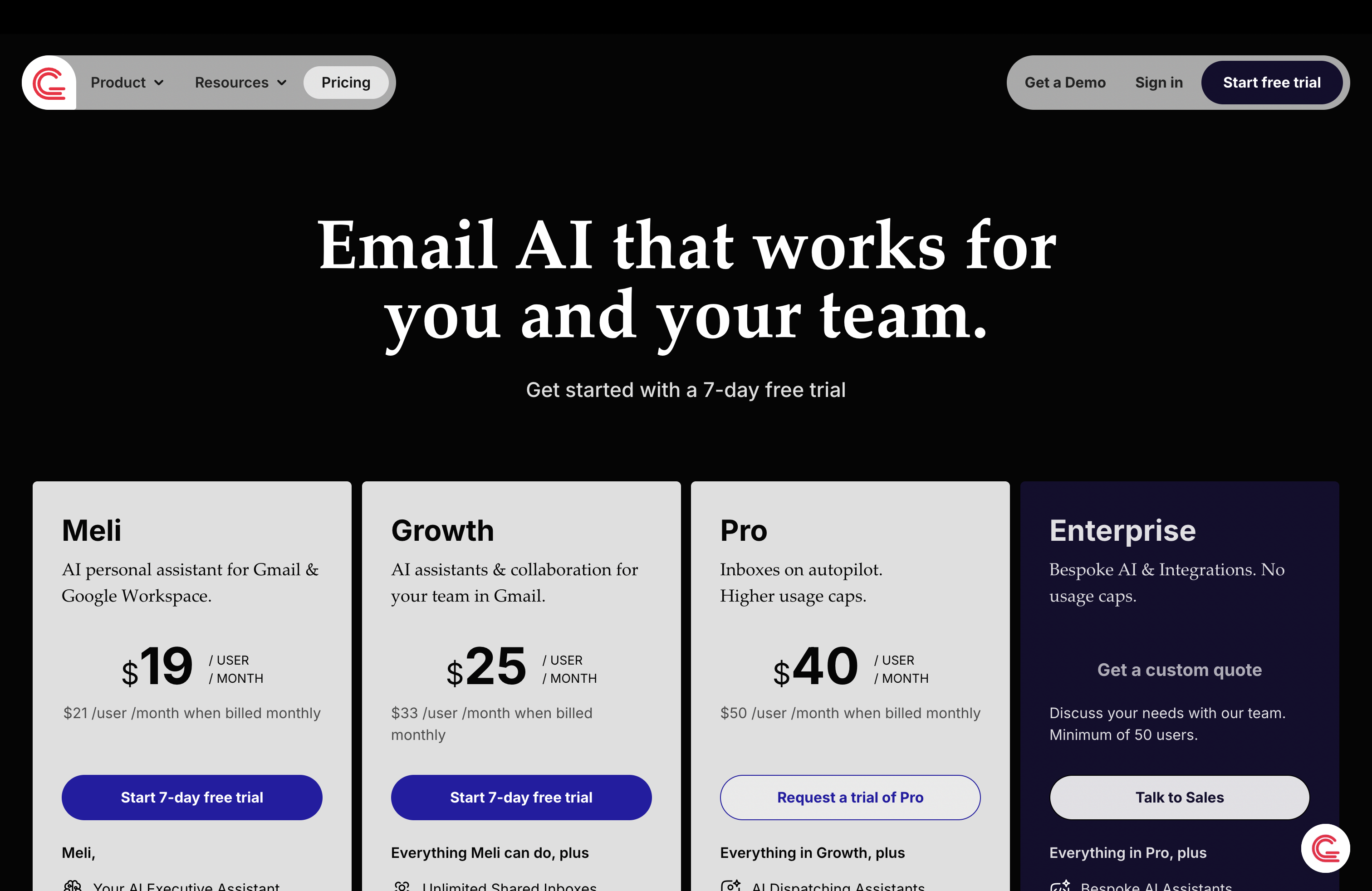 Gmelius pricing page showing Meli at $19, Growth at $25, and Pro at $40 per user per month