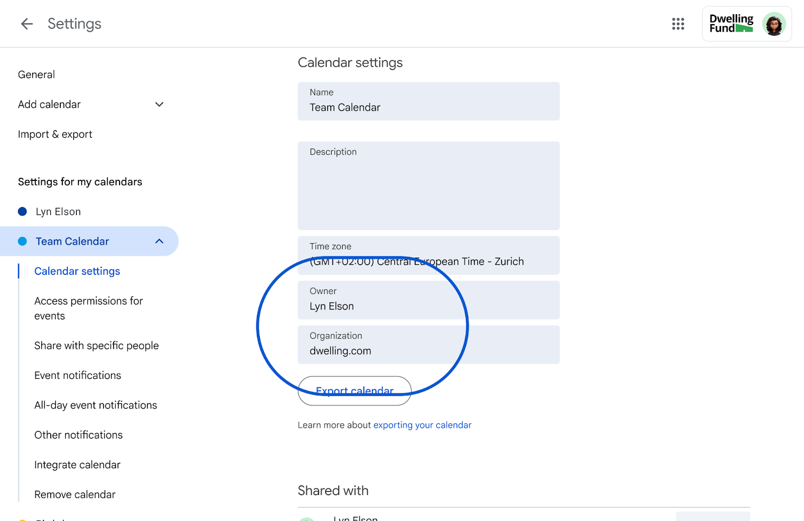 Google's image of a secondary calendar's owner shown in Google Calendar settings, from Google's Workspace Updates announcement of March 2026