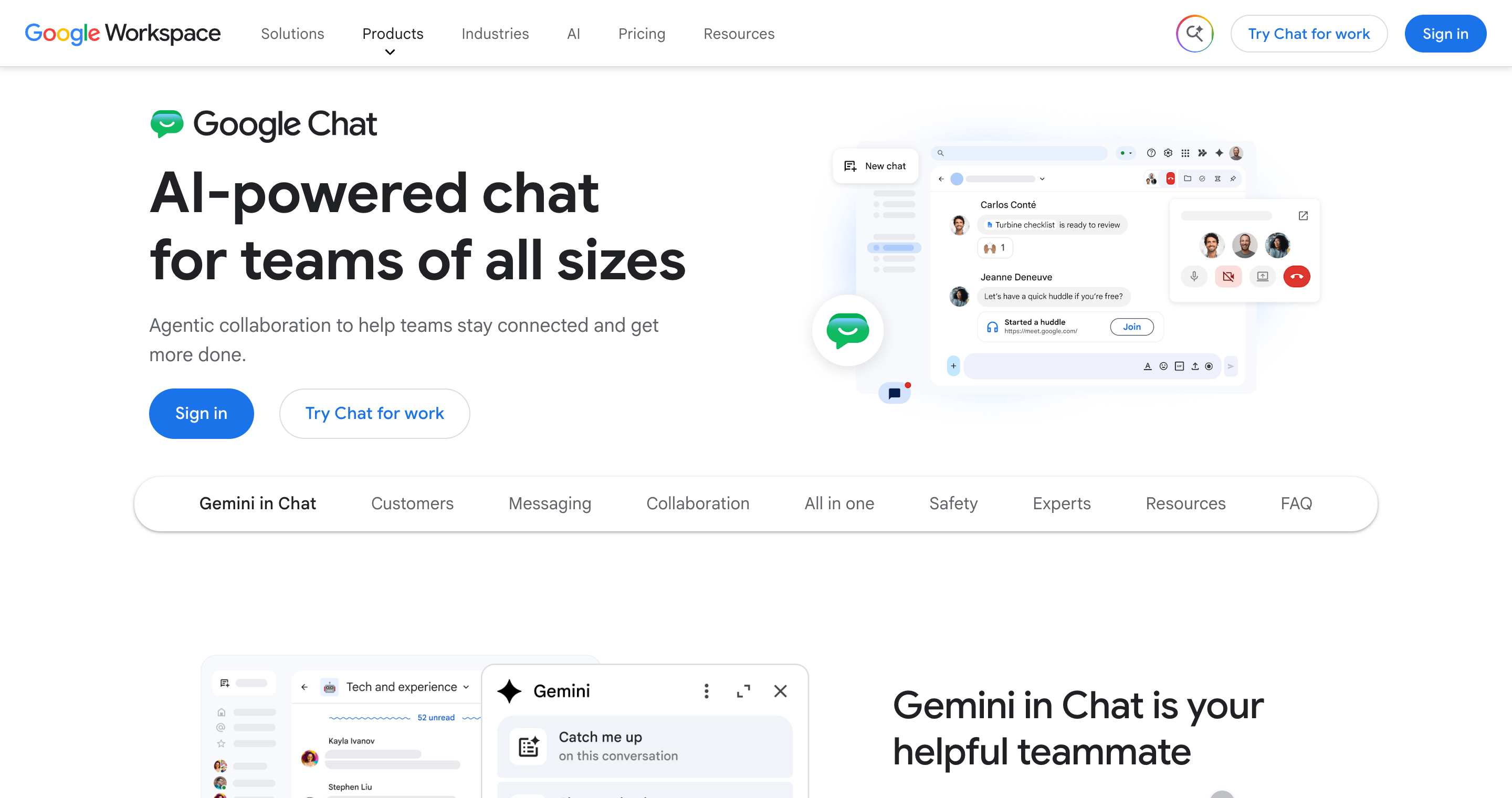Google Chat product page in 2026, showing AI-powered chat for teams of all sizes
