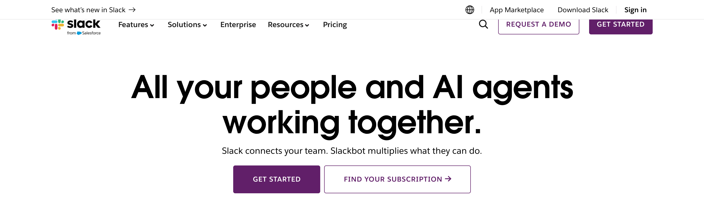 Slack homepage in 2026, headlined all your people and AI agents working together