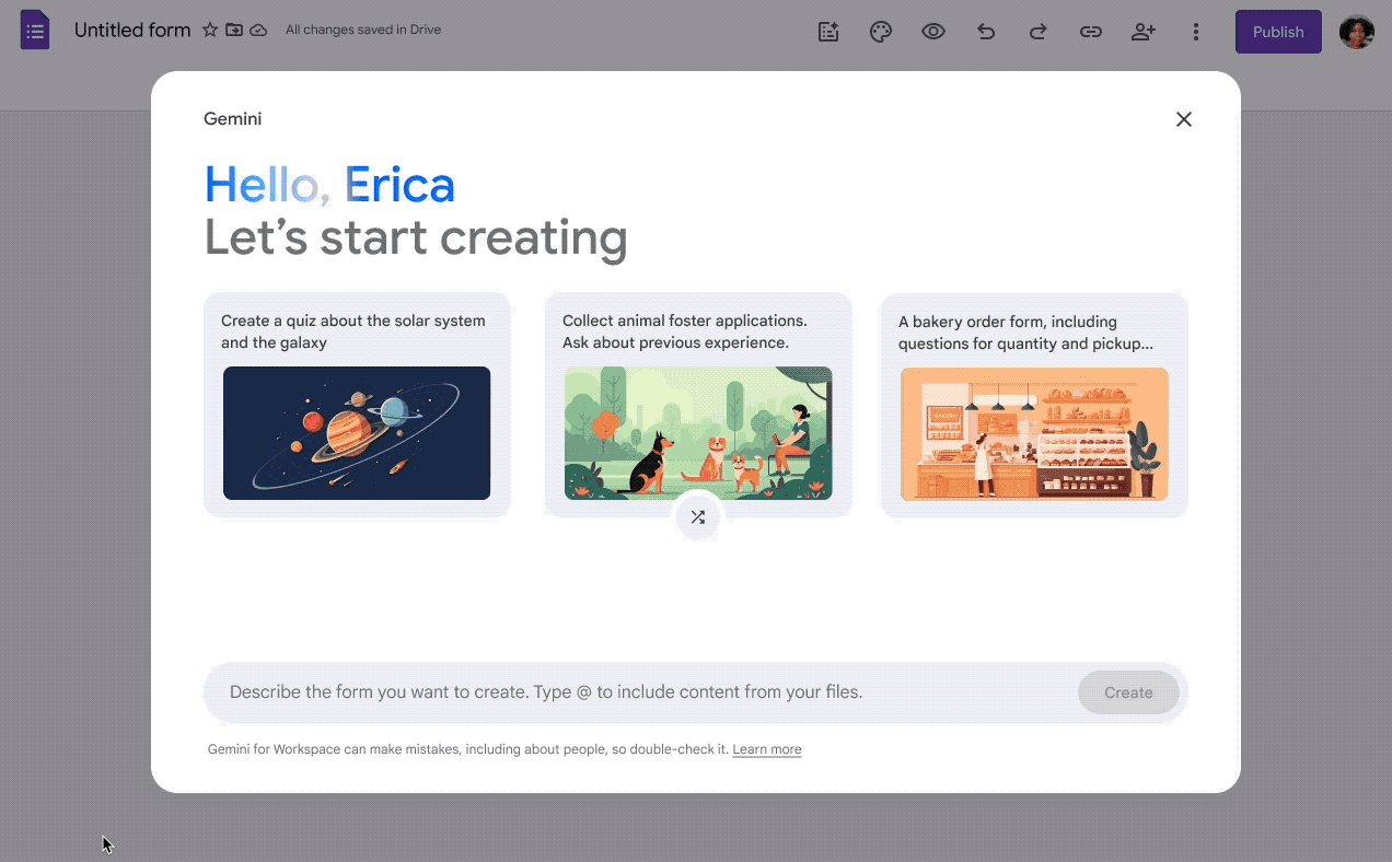 Google's image of Gemini drafting a form in Google Forms, from Google's Workspace Updates announcement of June 2025