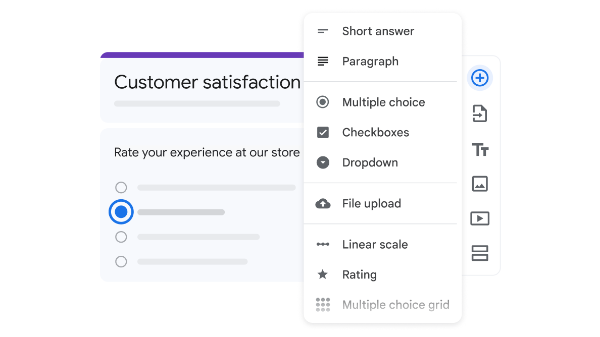 Google's image of the Google Forms question-type menu, showing File upload and Rating, from Google's Forms product page
