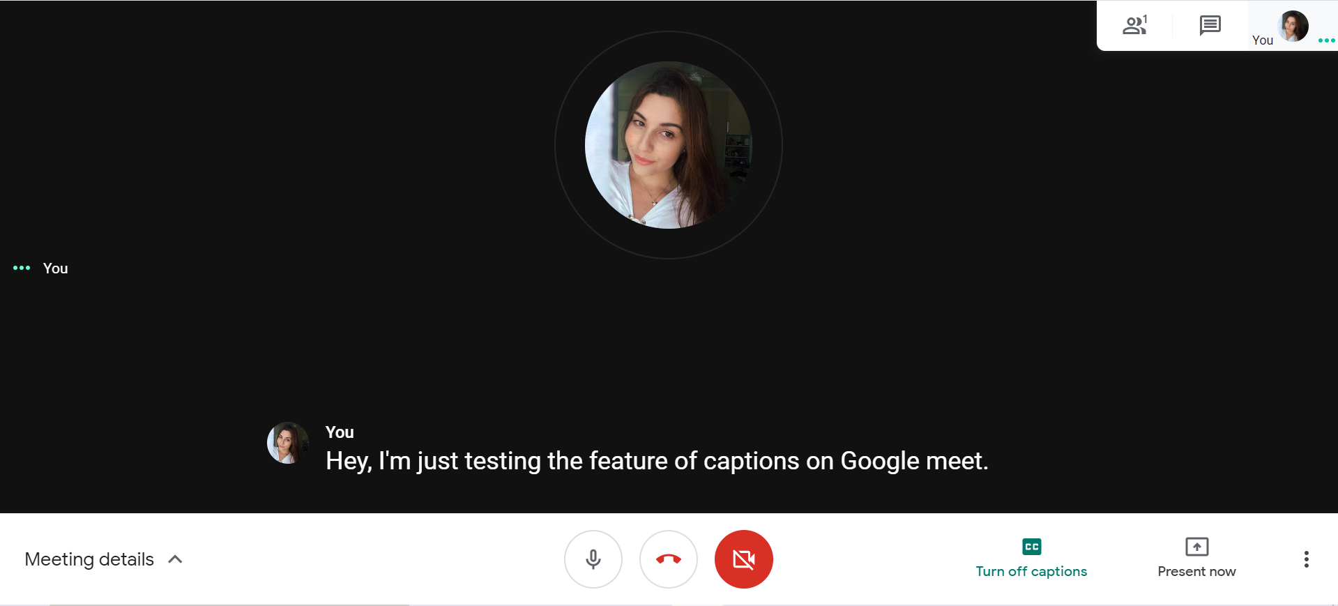 Google Meet captions turned on during a video call