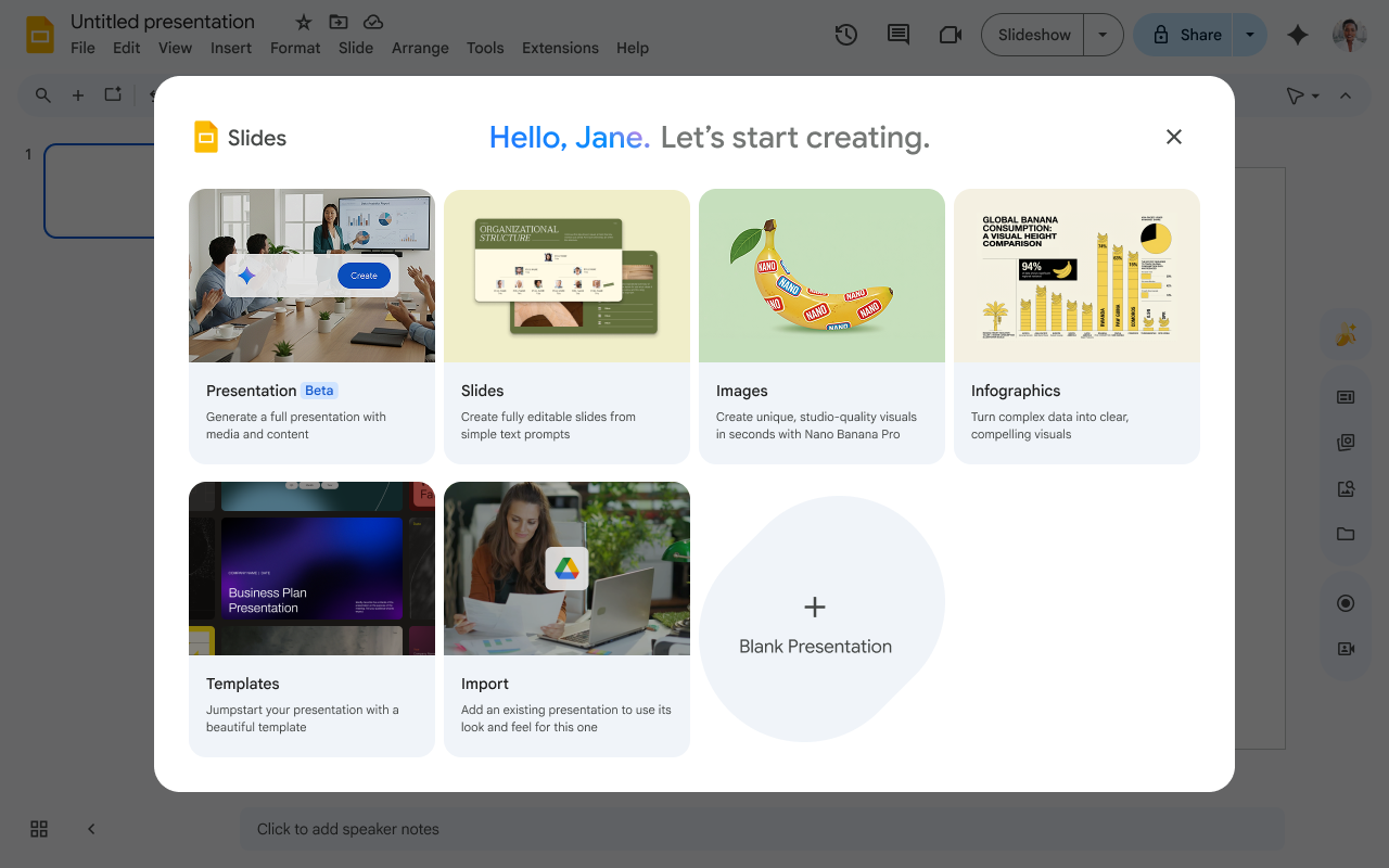 Google's image of Gemini's presentation-generation panel in Google Slides, from Google's help centre