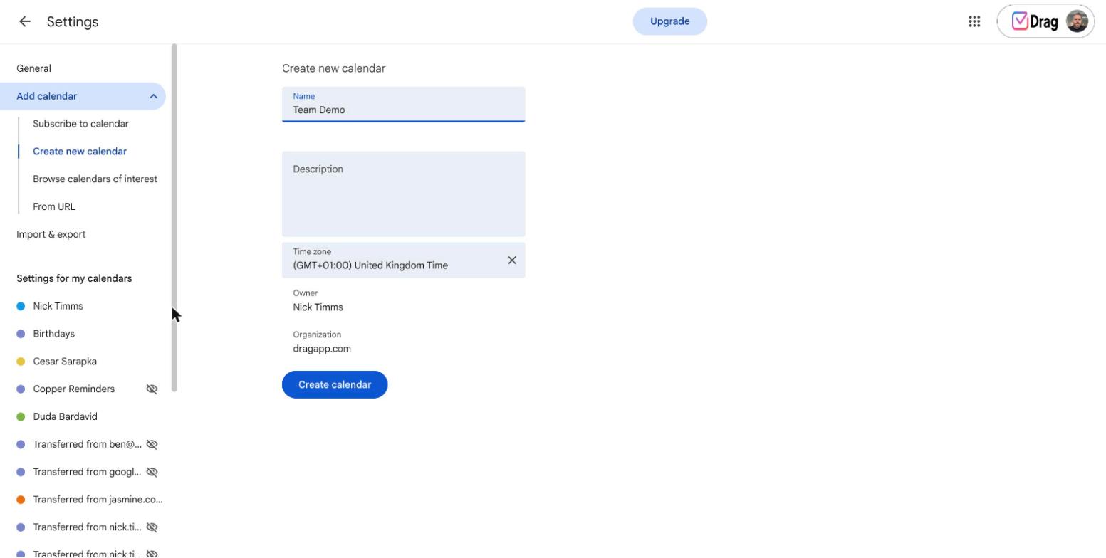 Create new calendar form in Google Calendar settings