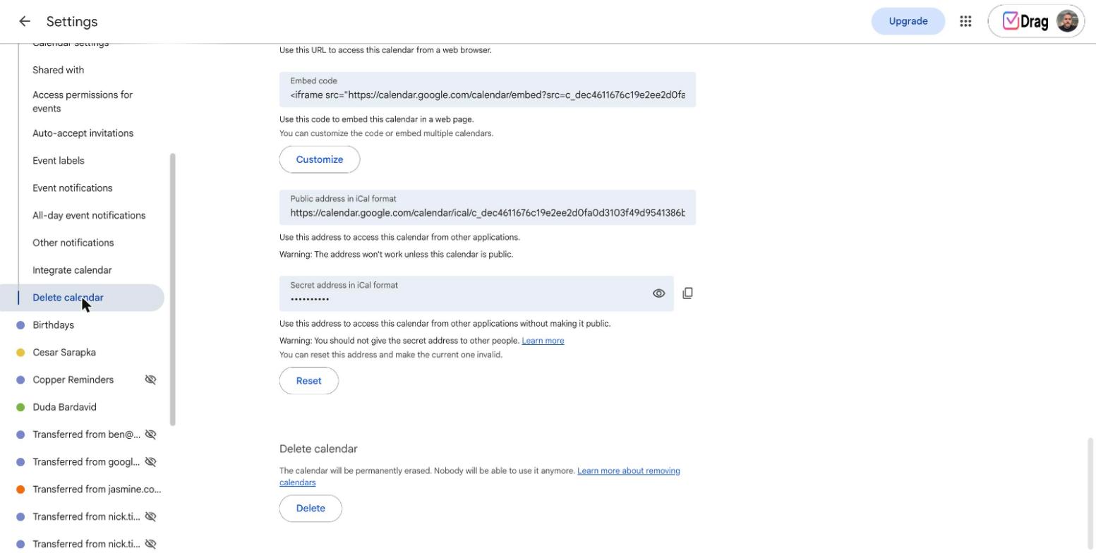 Calendar settings scrolled to the Delete calendar section