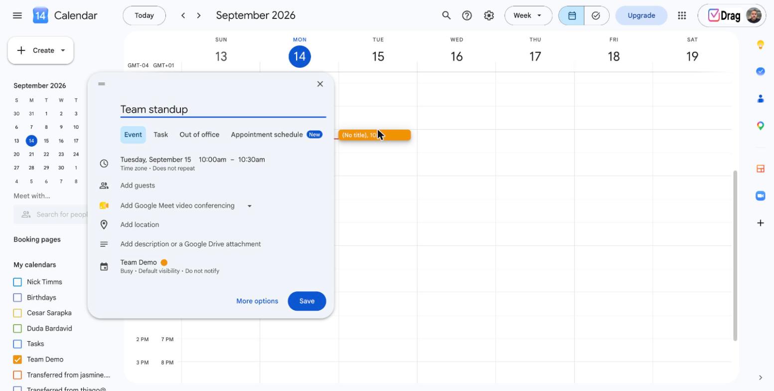 Google Calendar event quick-create panel with title and time filled