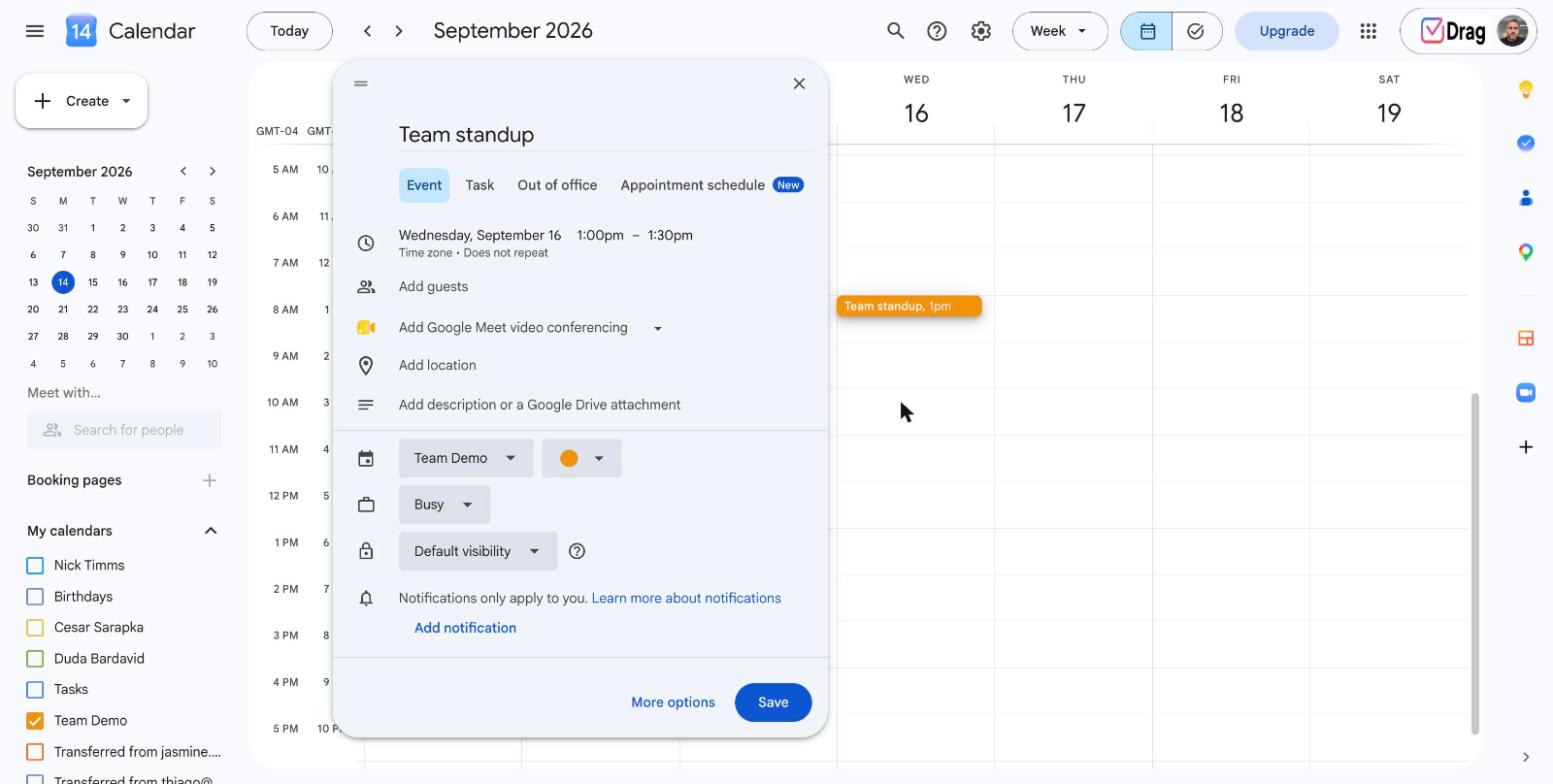 Expanded event options with the calendar picker, visibility and notification settings