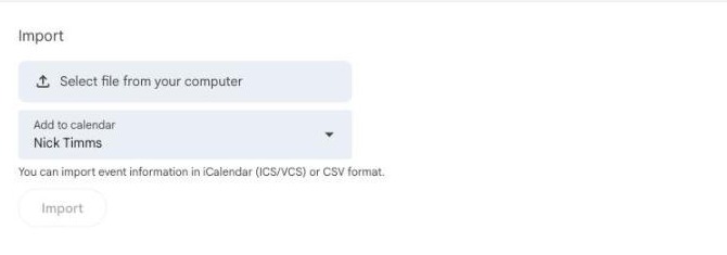 Tela Importar do Google Agenda com seletor de arquivo e agenda de destino