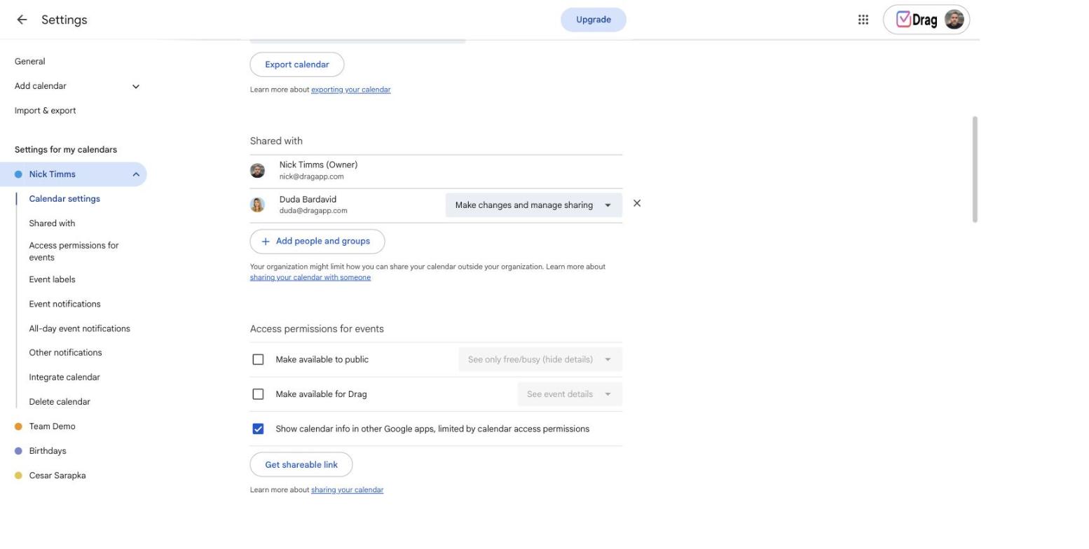 Calendar sharing settings with Share with specific people and permission levels