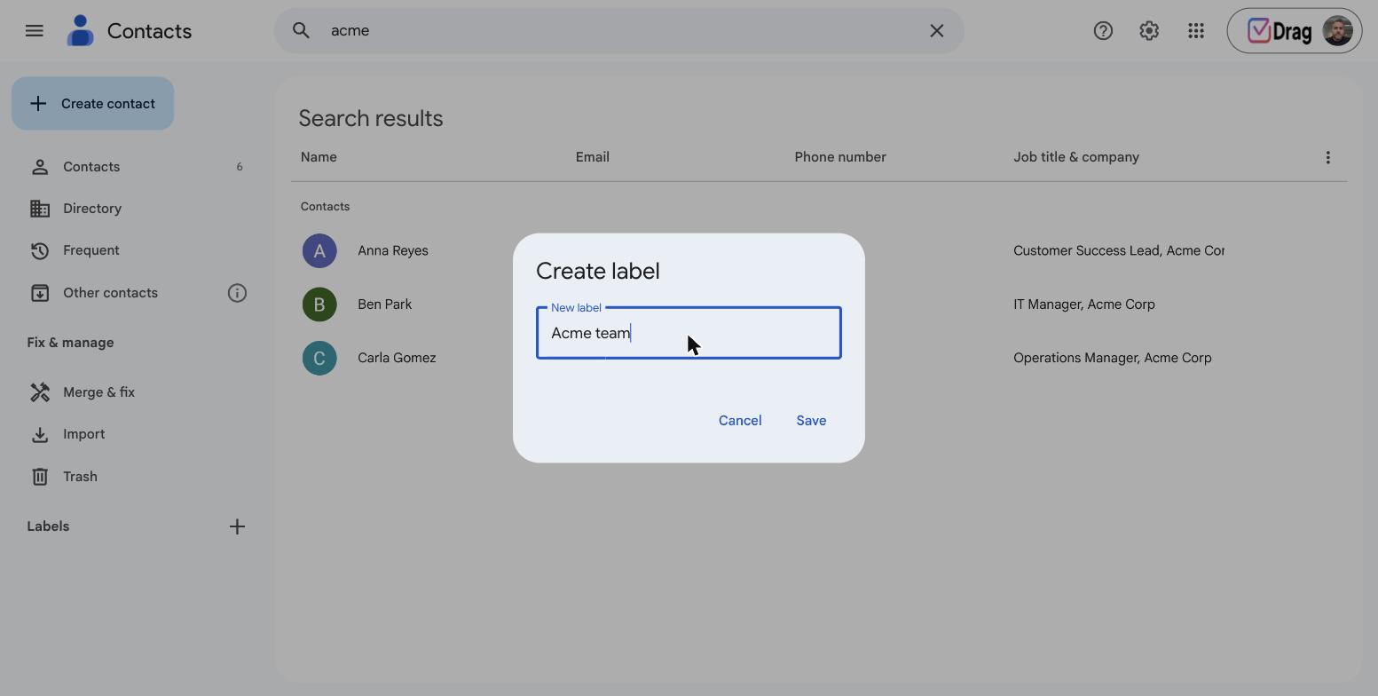 Create label dialog in Google Contacts with a new group name typed