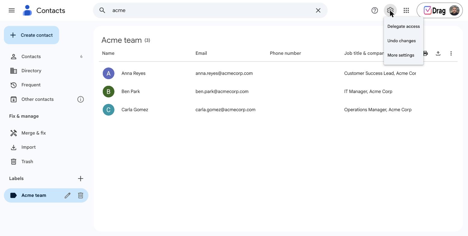 Google Contacts settings menu with the Delegate access option
