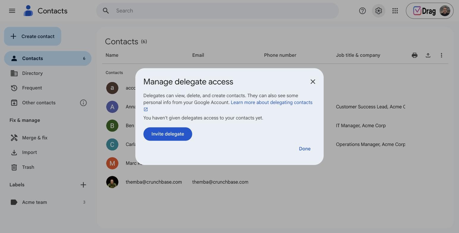 The Manage delegate access dialog in Google Contacts with the Invite delegate button
