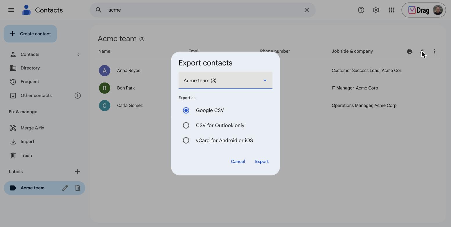 Export contacts dialog with Google CSV, Outlook CSV and vCard options