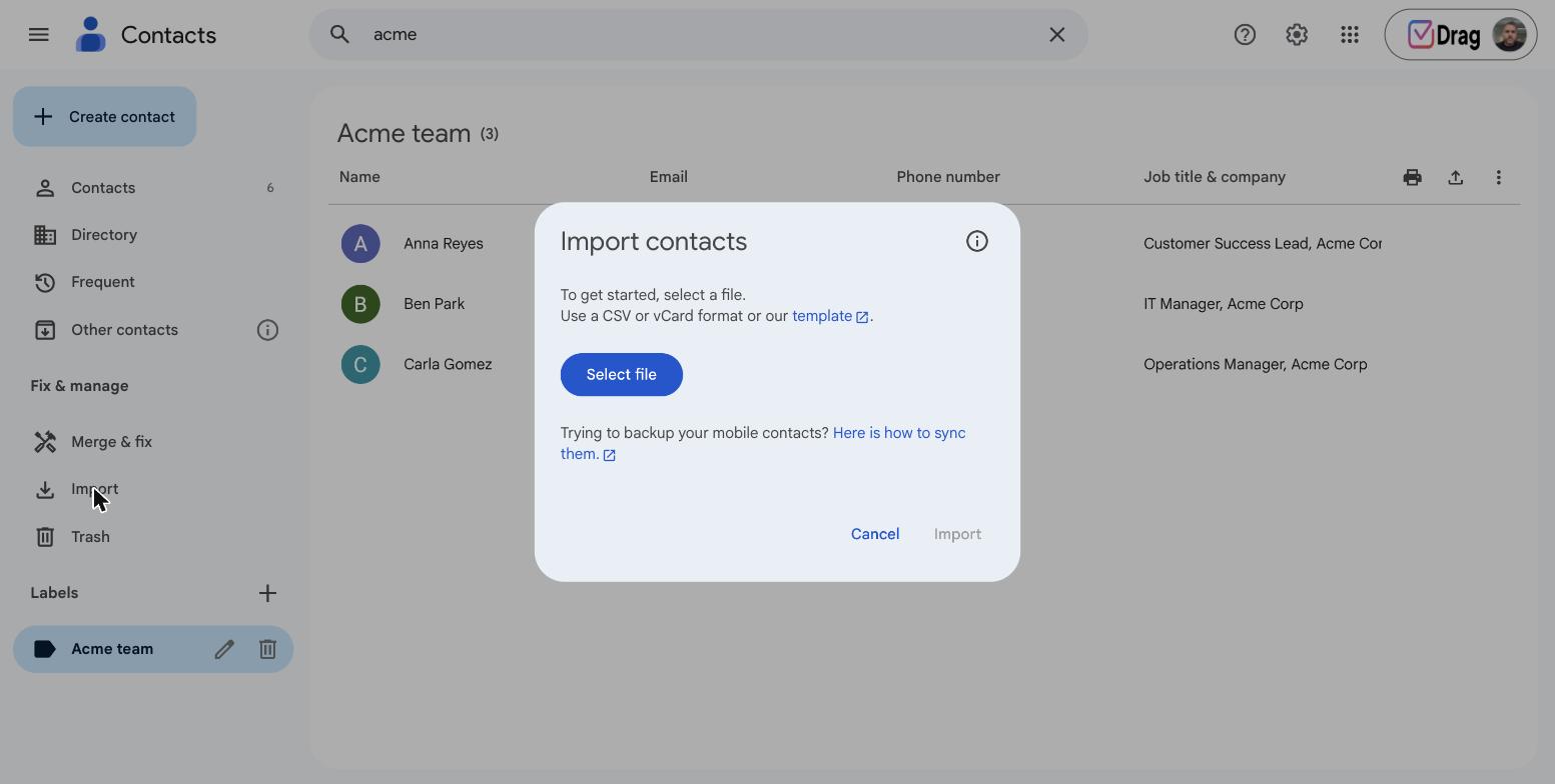 Import contacts dialog with the Select file button