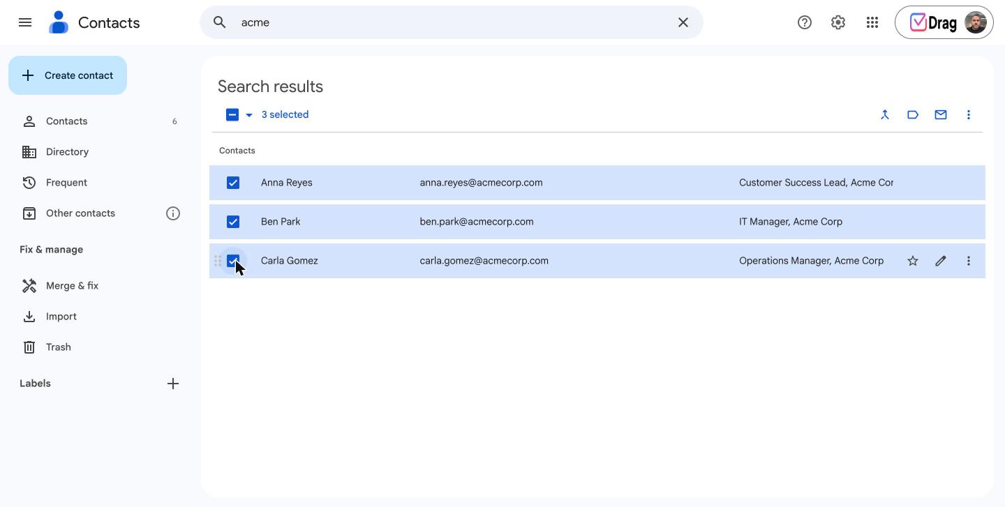 Google Contacts with three contacts selected and the label icon in the toolbar