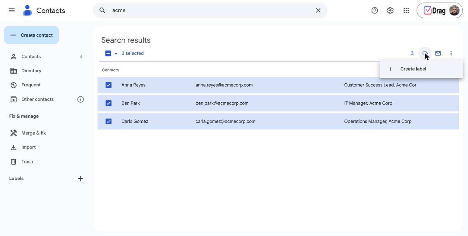 Manage labels dropdown in Google Contacts