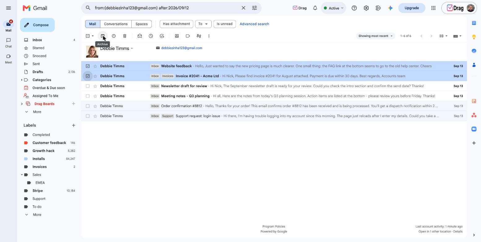 Gmail toolbar showing the Archive button tooltip over selected conversations