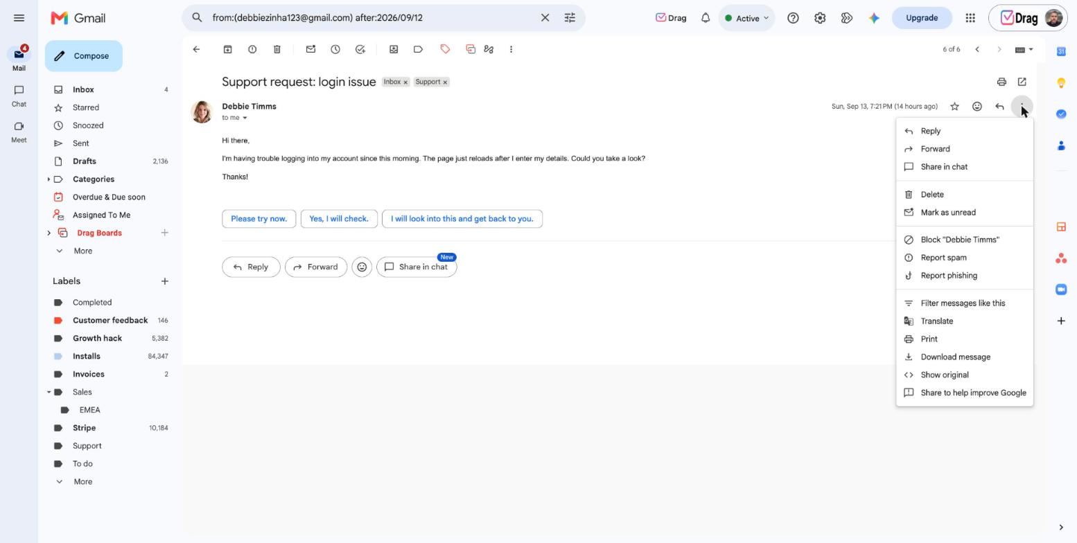 Gmail message menu with the Block sender and Report spam options