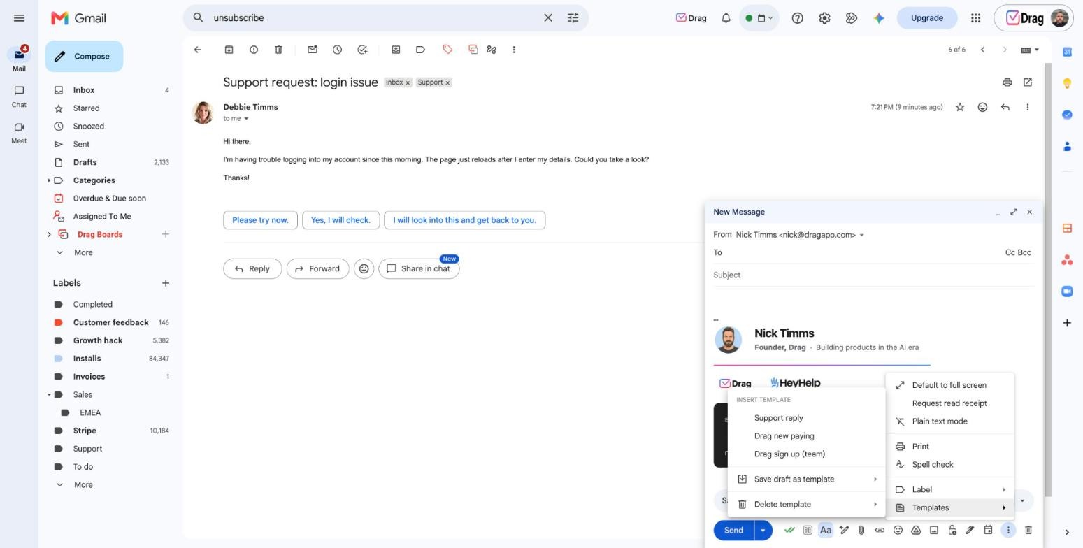 Gmail compose More options menu with Save draft as template