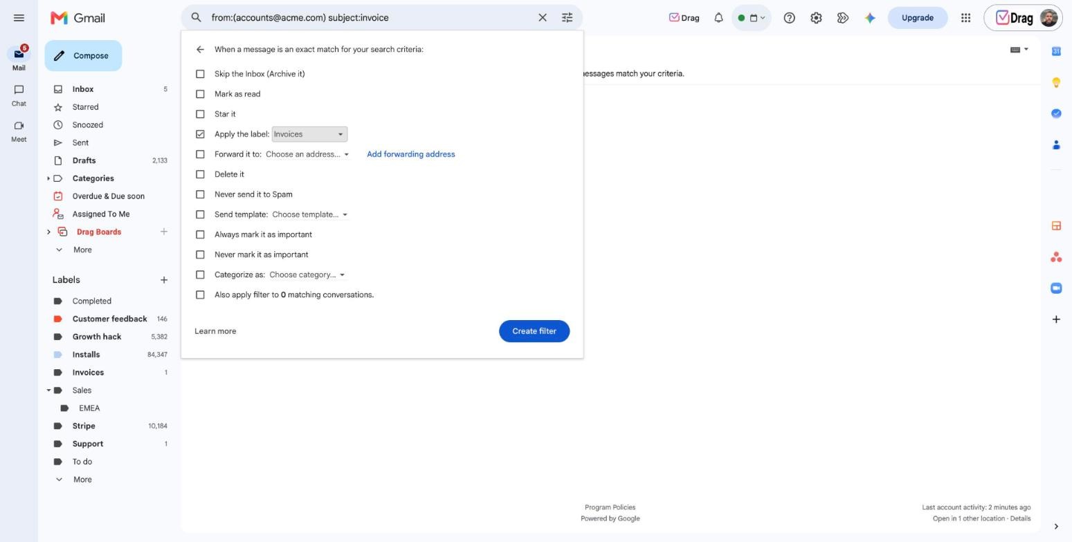 Gmail filter actions popup with Apply the label selected