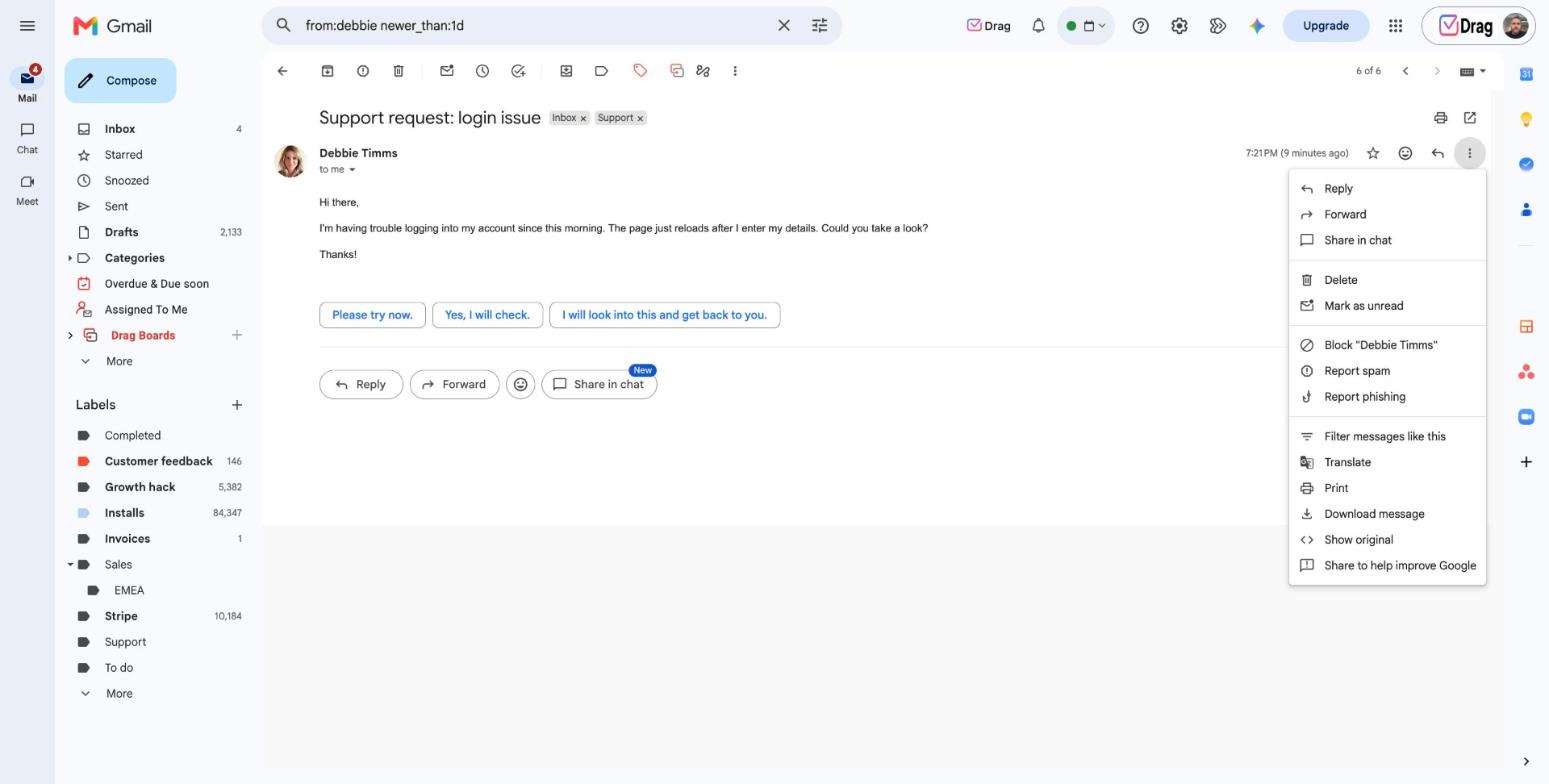 Gmail message menu with the Filter messages like this option