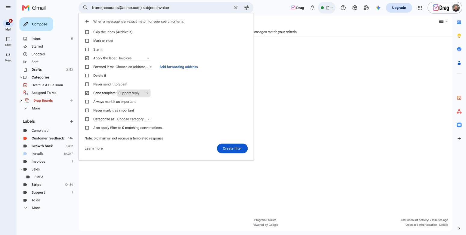 Gmail filter actions with Send template selected