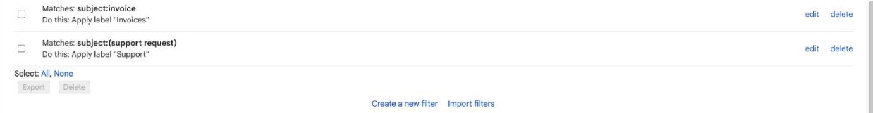 Gmail Filters and Blocked Addresses tab with existing filters listed
