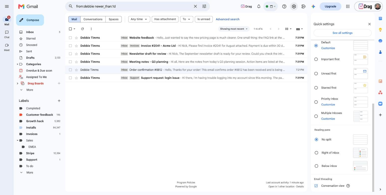 Gmail quick settings panel scrolled to the inbox type options