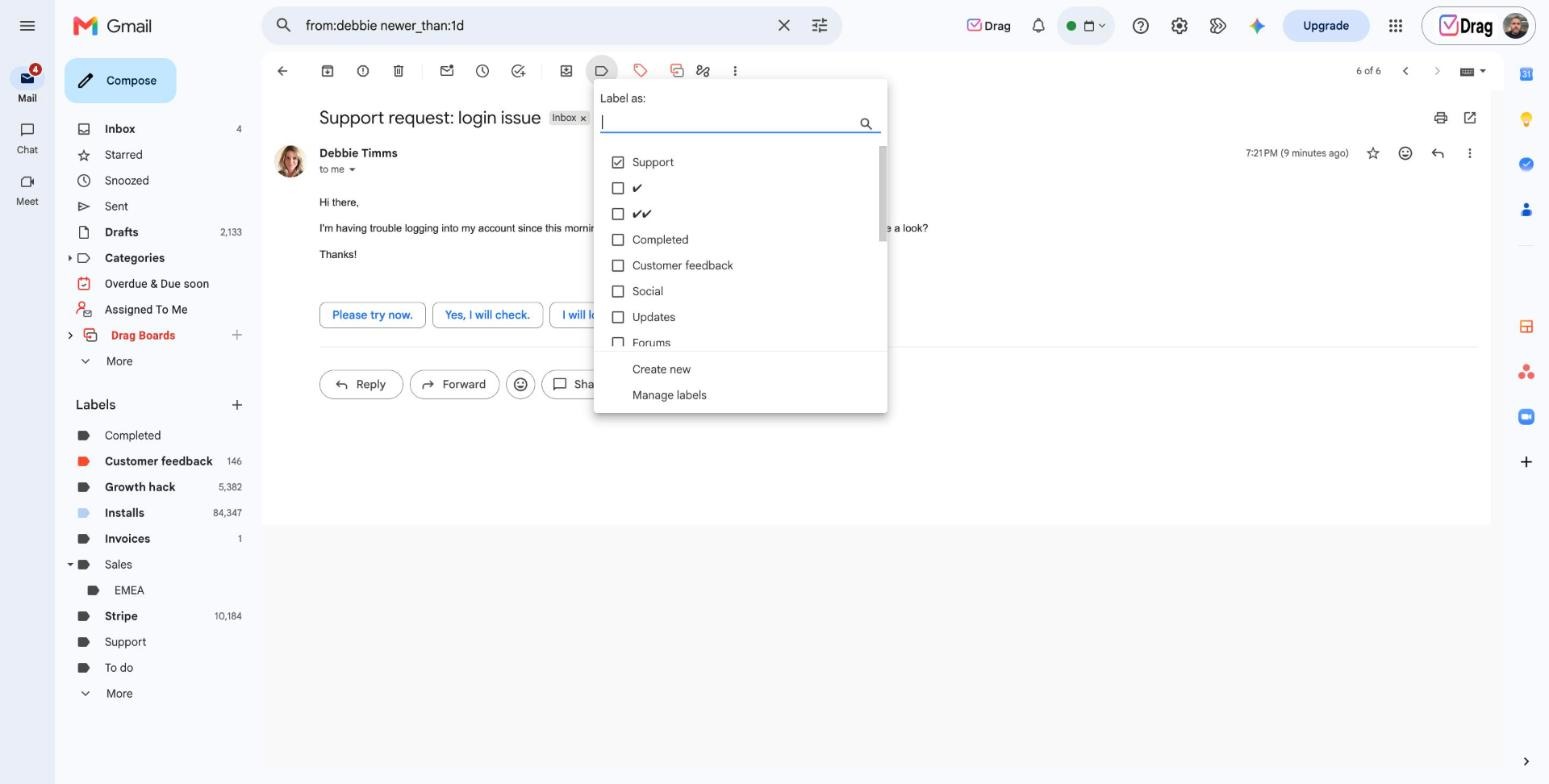 Gmail Label as drop-down opened from the toolbar label icon