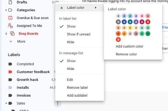 Gmail label three-dot menu with the Label color palette