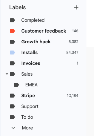 Gmail sidebar showing the EMEA label nested under Sales