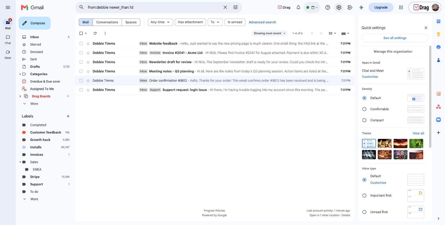 Gmail quick settings panel opened from the gear icon