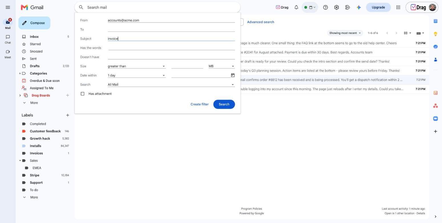 Gmail search options popup with the filter criteria fields