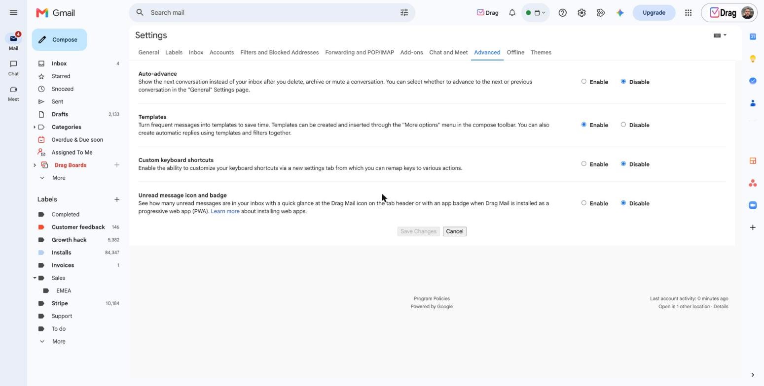 Gmail Settings Advanced tab with Templates enabled