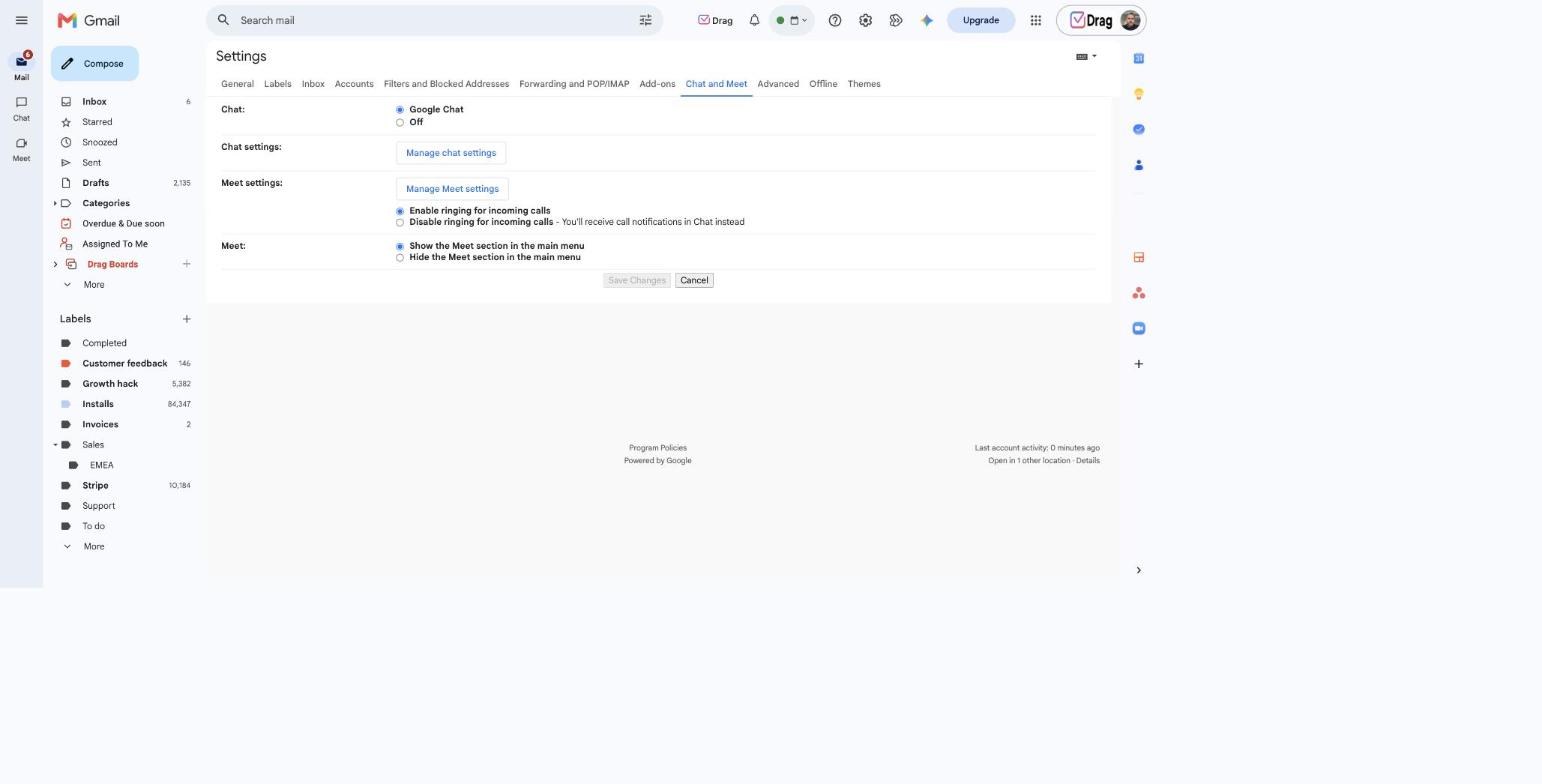 Gmail Settings Chat and Meet tab with the Google Chat on and off options