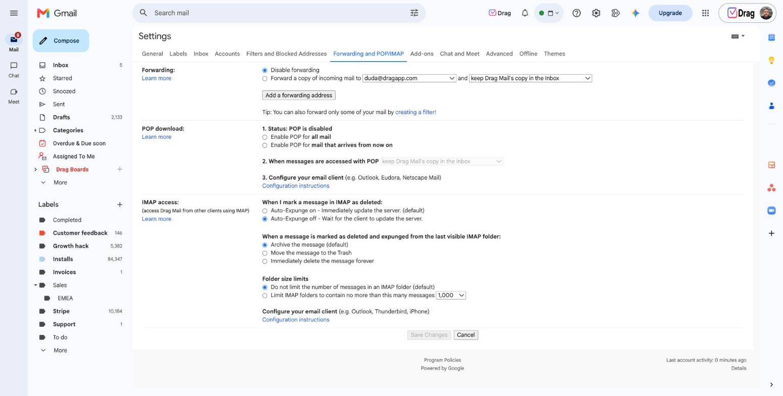 Gmail Forwarding and POP/IMAP settings tab on the old account