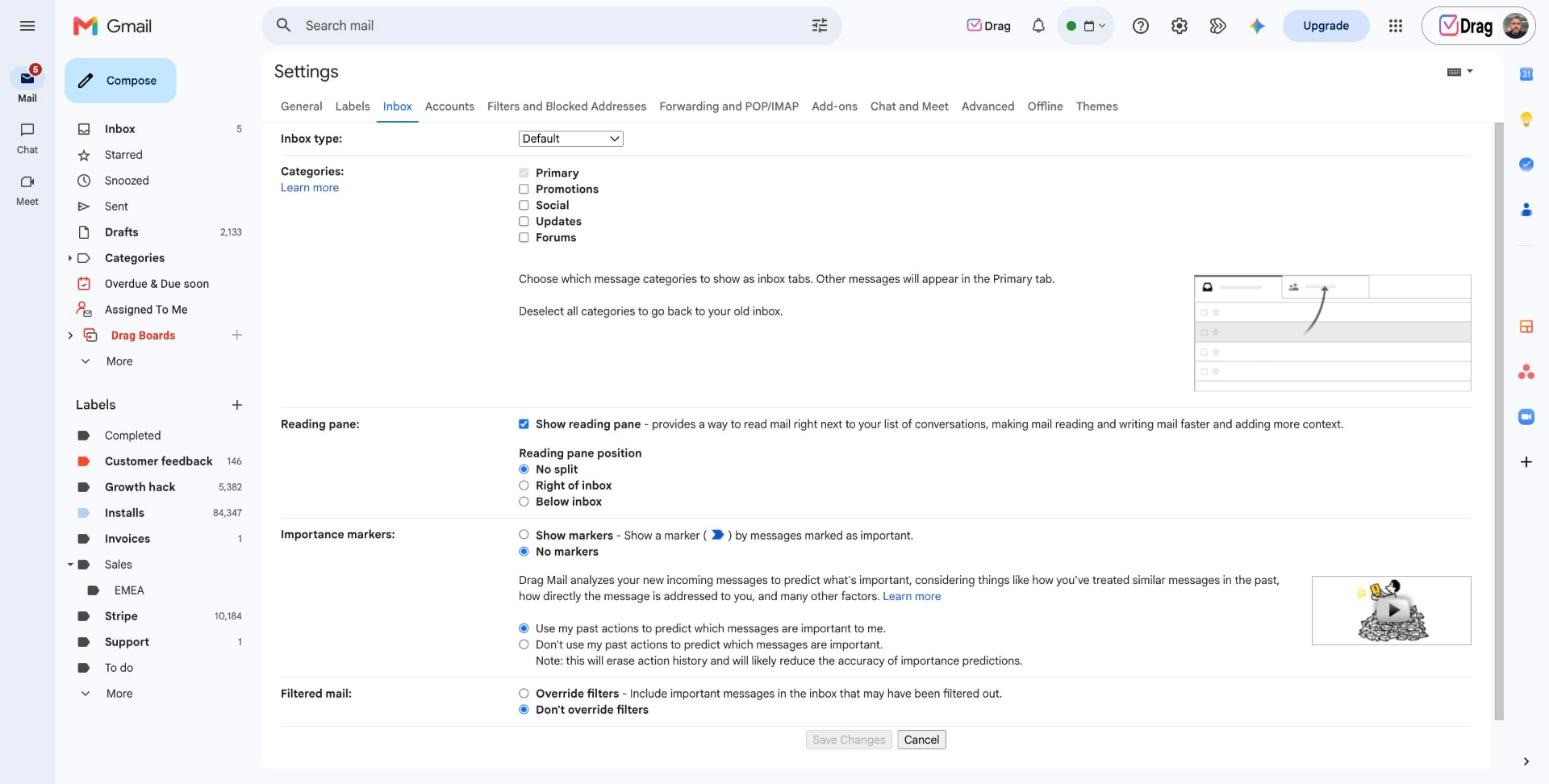 Gmail Inbox settings with the category checkboxes